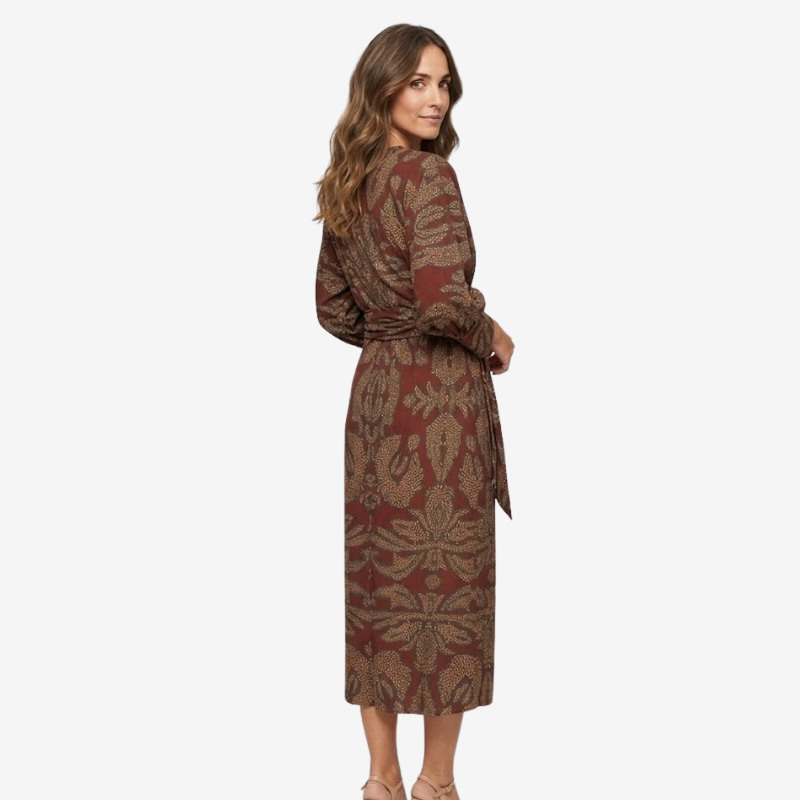 NOMU | Women's Vintage Print Twist Front Midi Dress – Elegant Long Sleeve V-Neck Dress