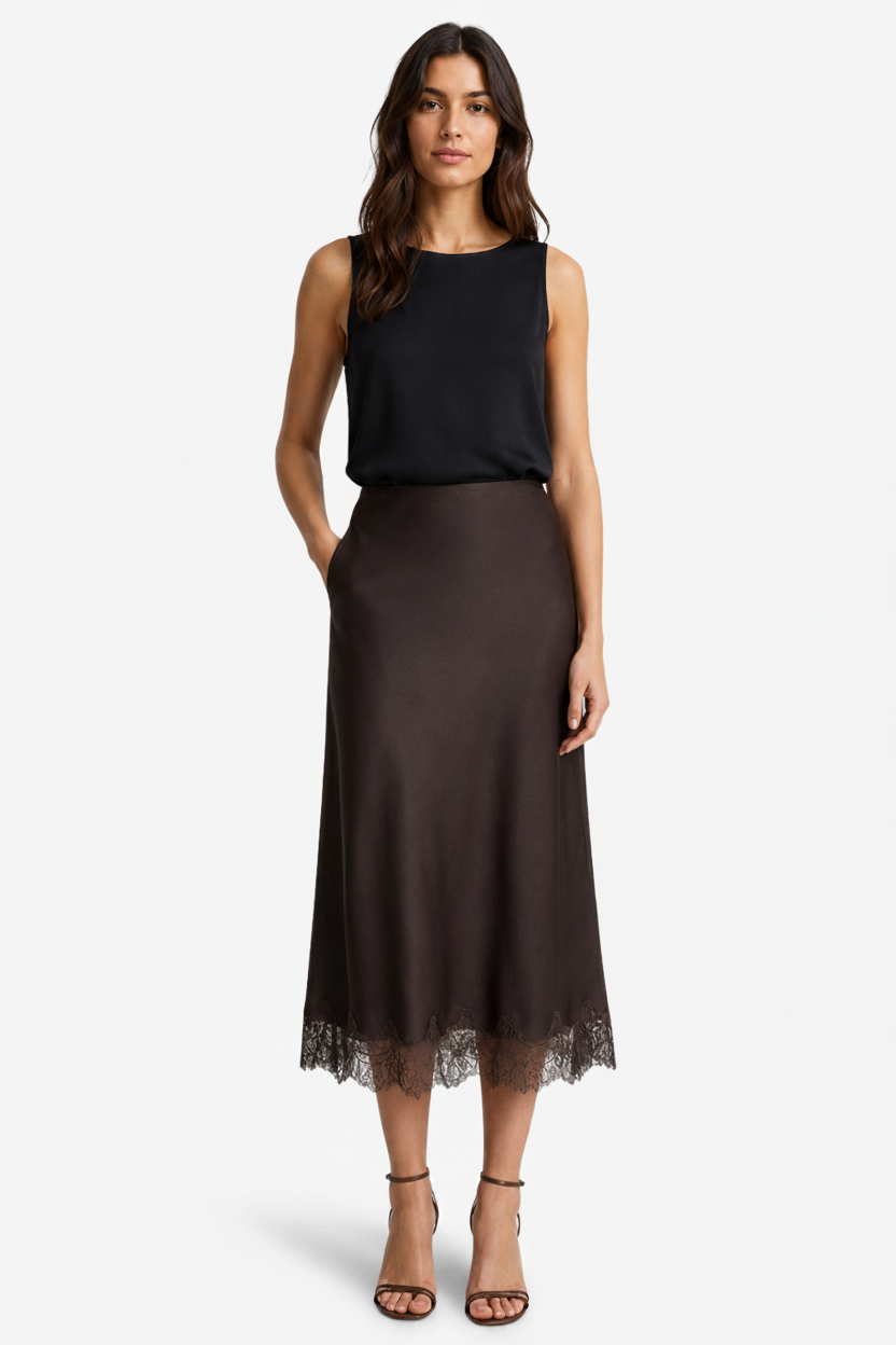 NOMU | Women's Satin Midi Skirt – Elegant Lace Trim Slip Skirt