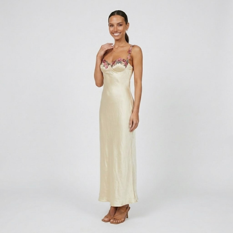 NOMU | Women's Satin Maxi Dress – Sleeveless Floral Strap Fitted Slip Design