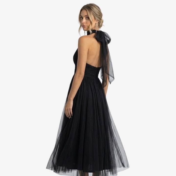 NOMU | Women's Halter Neck Tulle Midi Dress – Elegant Sleeveless Princess Party Dress