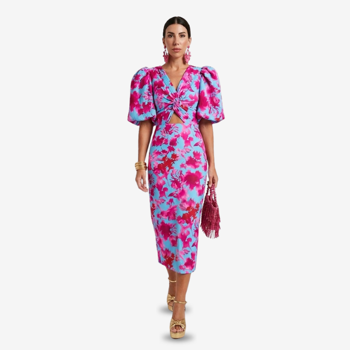 NOMU | Women's Abstract Print Ruched Midi Dress – Elegant Puff Sleeve Bodycon Dress