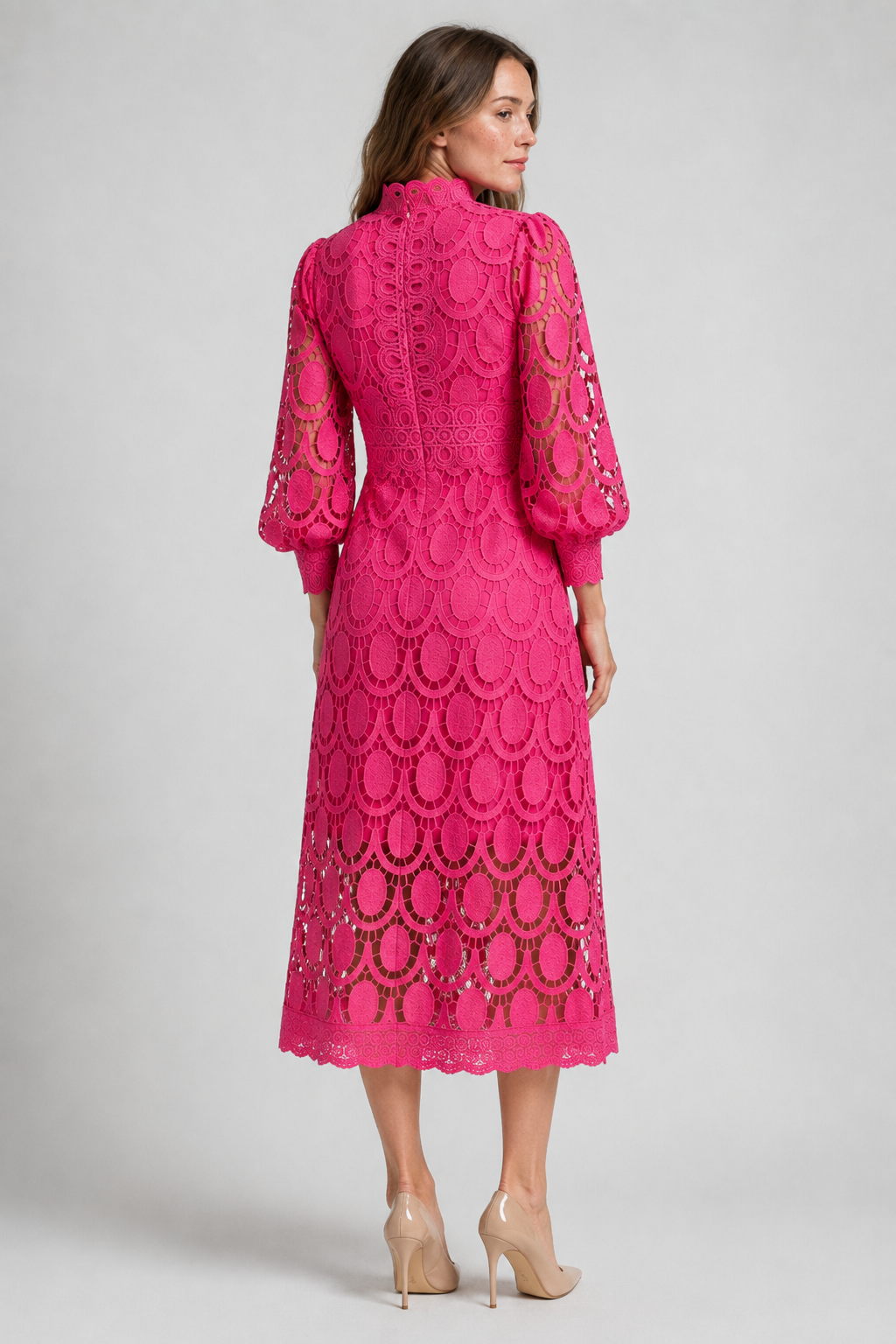 NOMU | Women's Floral Lace Midi Dress – Elegant High Neck Puff Sleeve Party Dress