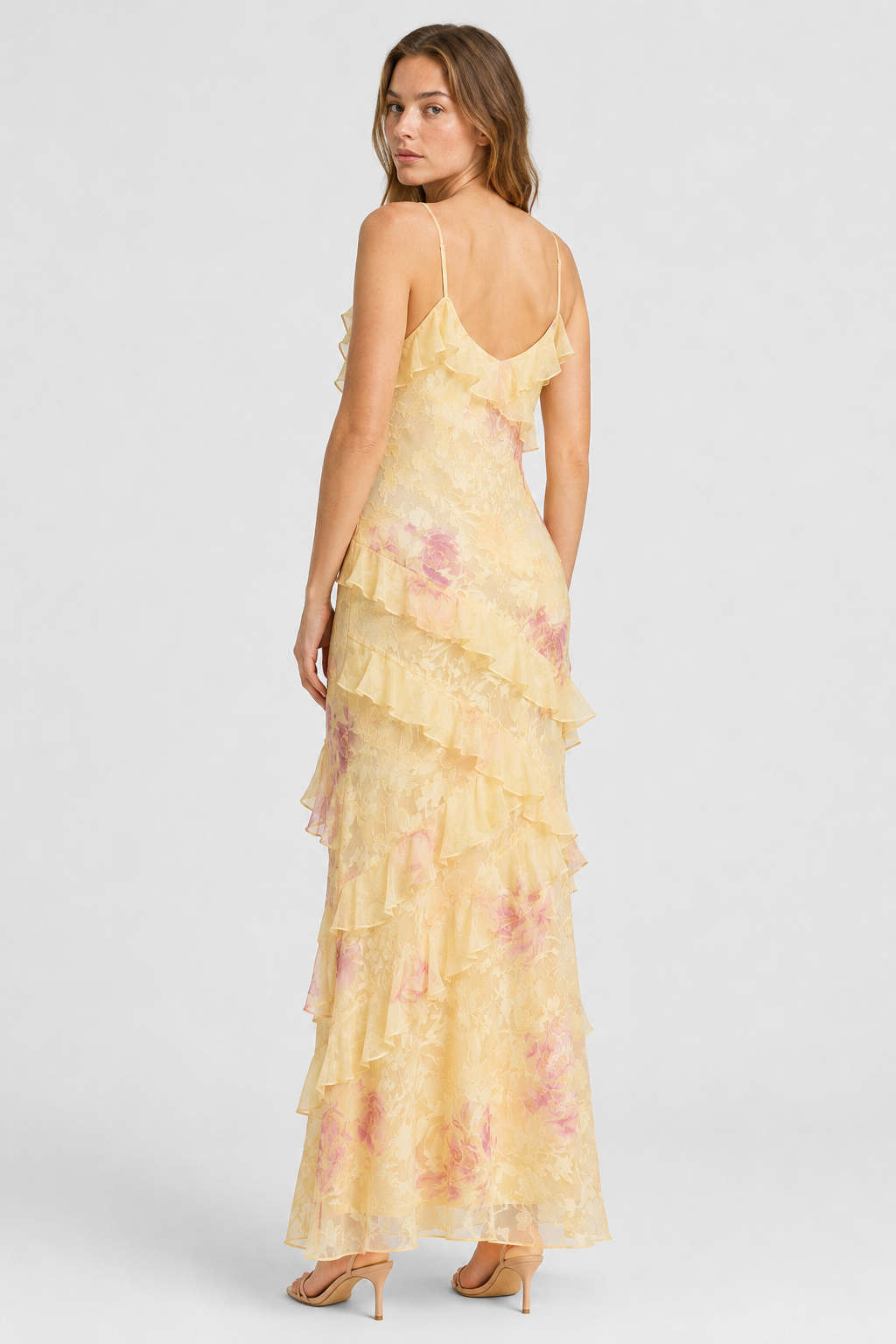 NOMU | Women's Floral Ruffle Maxi Dress – Elegant Sleeveless Layered Party Dress