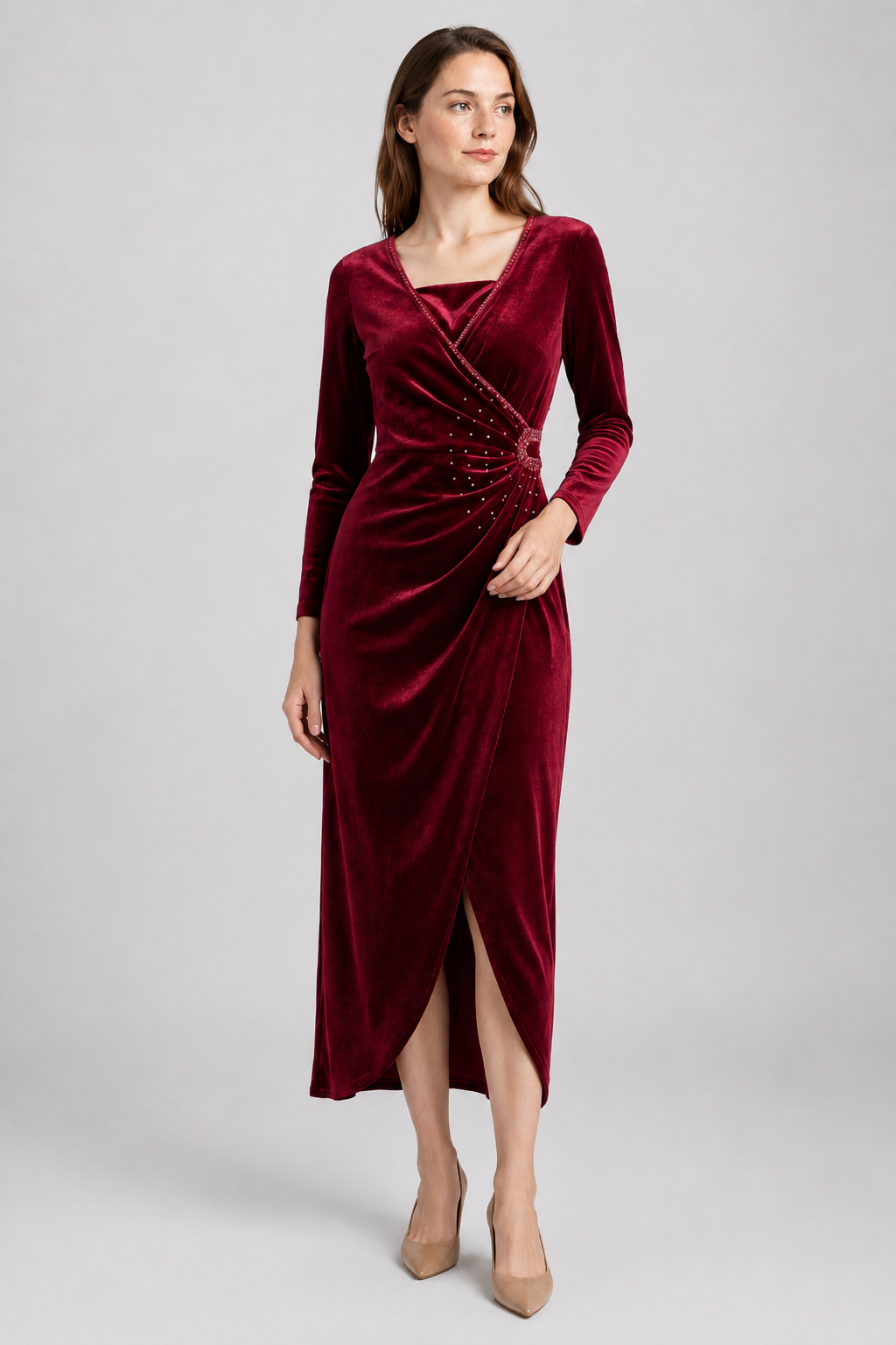 NOMU | Women's Velvet Wrap Midi Dress – Elegant Long Sleeve Rhinestone Evening Dress