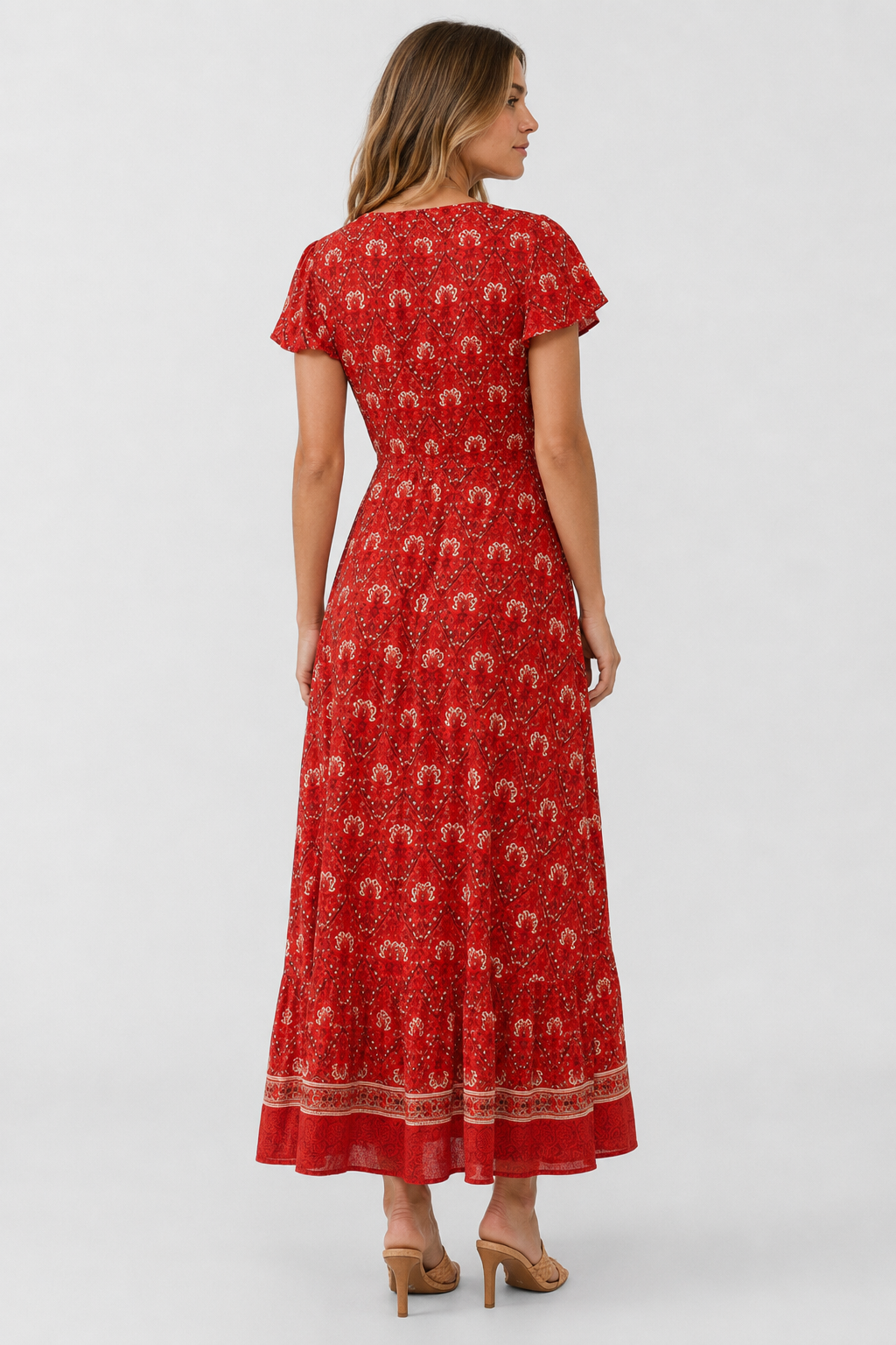 NOMU | Women's Printed Midi Dress – V Neck Short Sleeve Wrap Style Side Slit Design