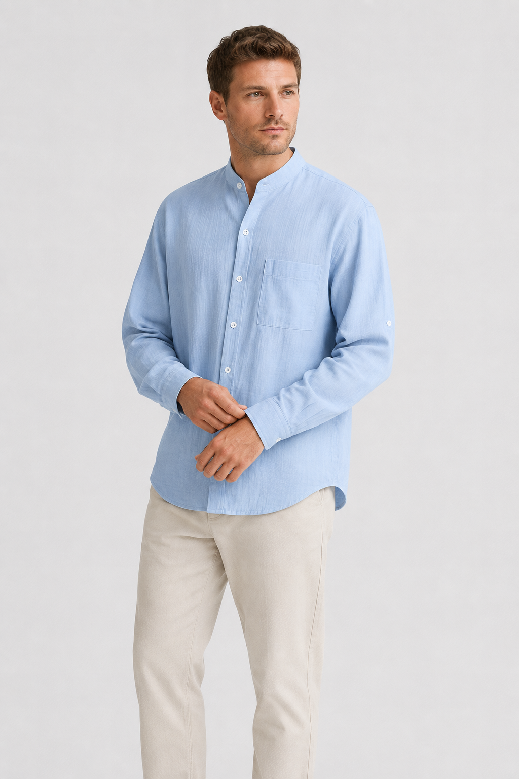NOMU | Men's Cotton Linen Shirt – Long Sleeve Mandarin Collar Design