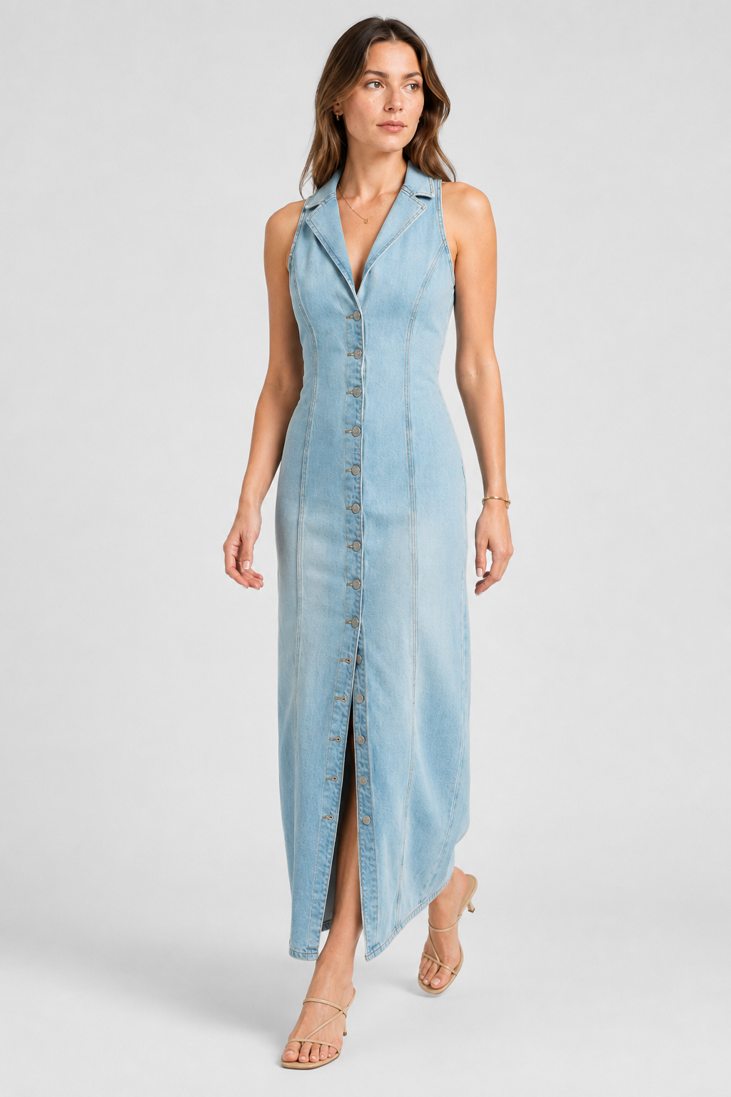 NOMU | Women's Denim Midi Dress – Sleeveless Button Front Fitted Design