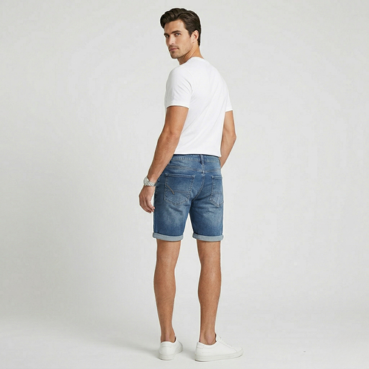 NOMU | Men's Slim Fit Denim Shorts – Casual Rolled Hem Stretch Jean Shorts