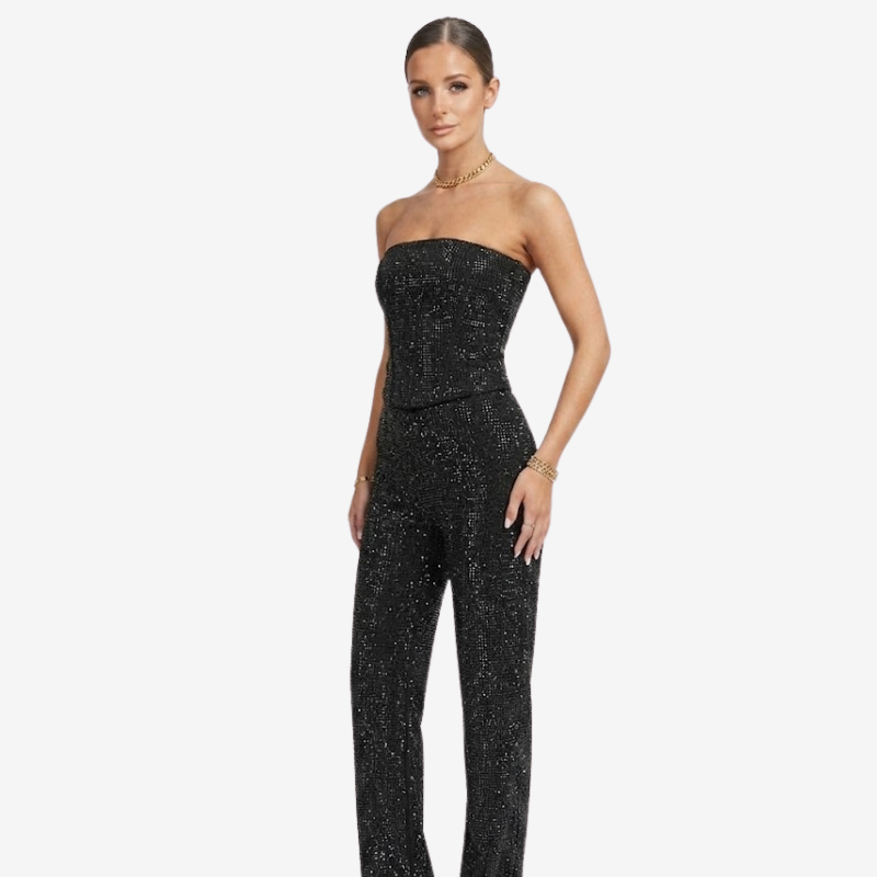 NOMU | Women's Rhinestone Denim Corset & Wide-Leg Jeans Set – Glam Strapless Co-Ord Outfit