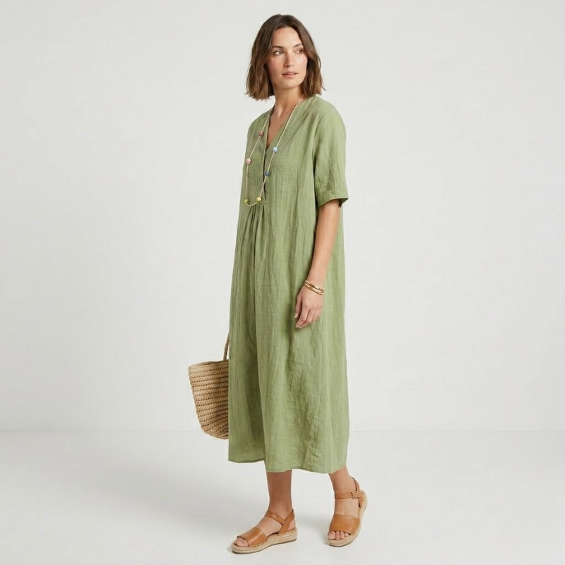 NOMU | Women's Casual Linen Dress – V-Neck Short Sleeve Loose Fit