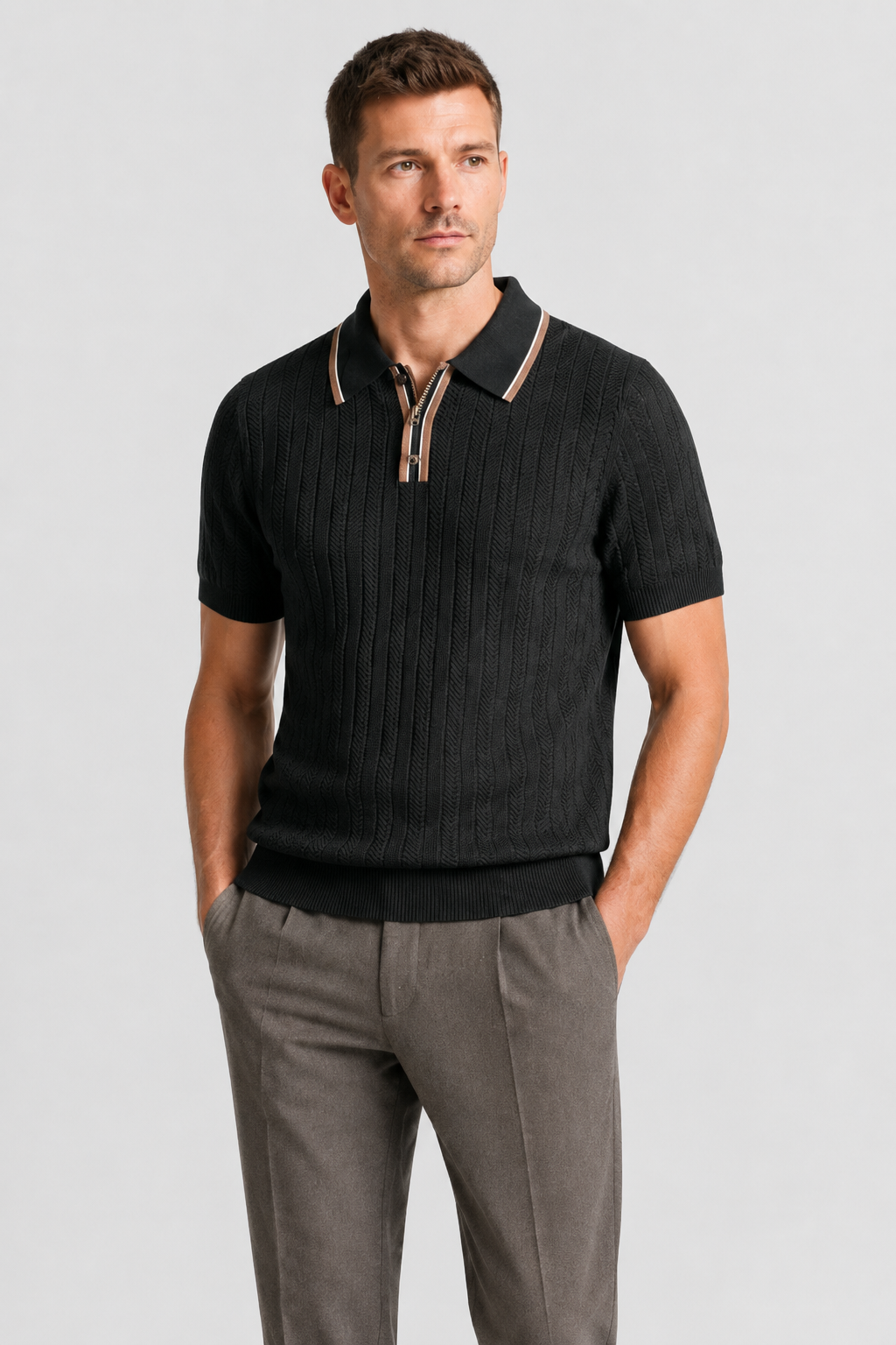 NOMU | Men’s Contrast Trim Ribbed Knit Polo Shirt