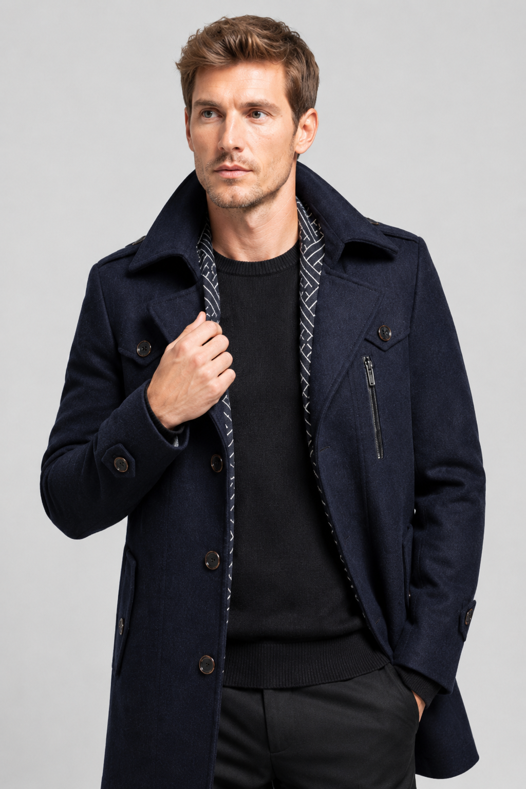 NOMU | Men's Wool Blend Military Overcoat – Tailored Button Front Coat