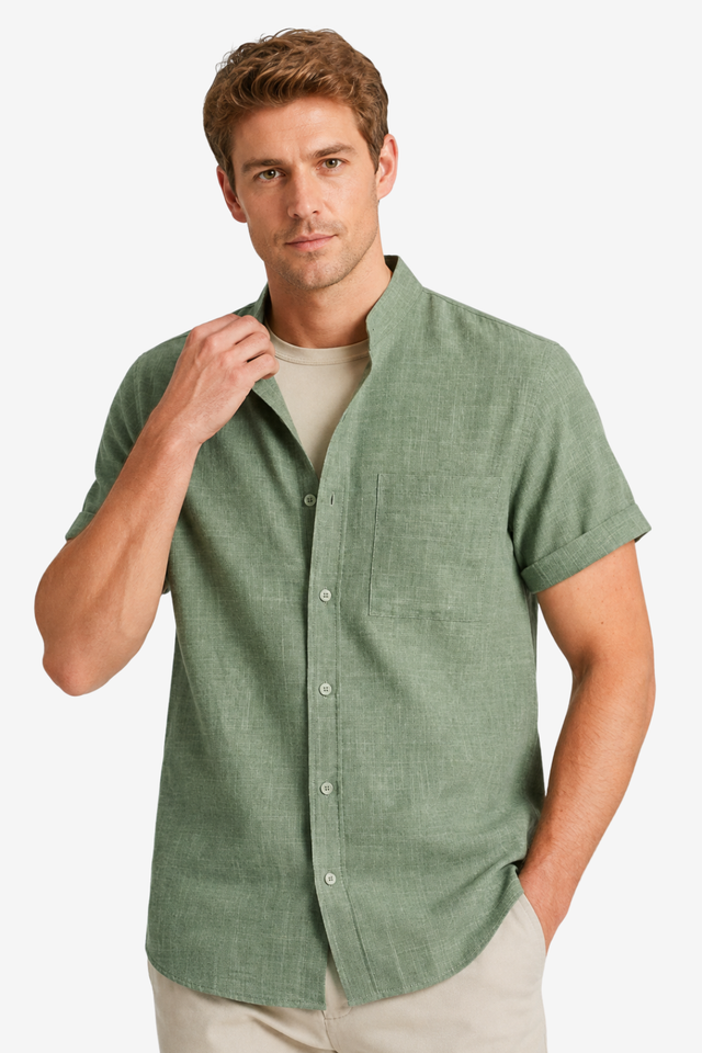 NOMU | Men’s Short Sleeve Mandarin Collar Button Shirt
