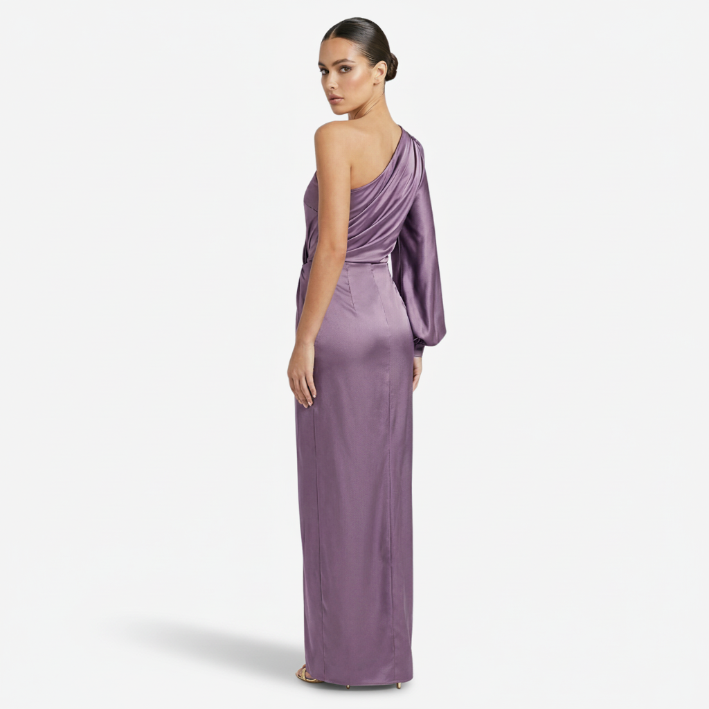 NOMU | Women's One-Shoulder Satin Maxi Dress – Elegant Long Sleeve Evening Dress