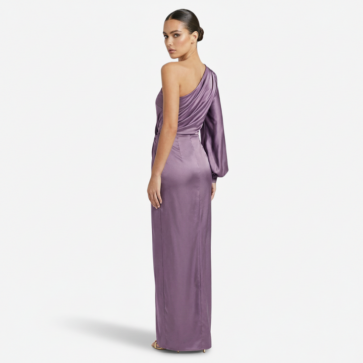 NOMU | Women's One-Shoulder Satin Maxi Dress – Elegant Long Sleeve Evening Dress