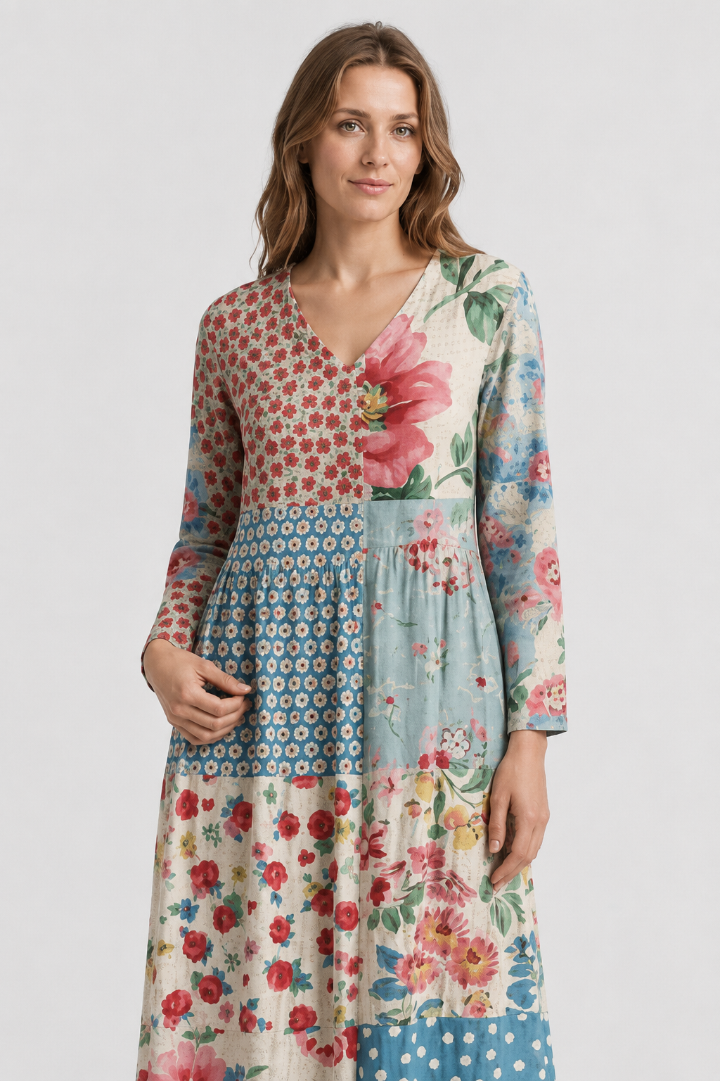 NOMU | Women's Patchwork Midi Dress – Long Sleeve V Neck Relaxed Fit Design