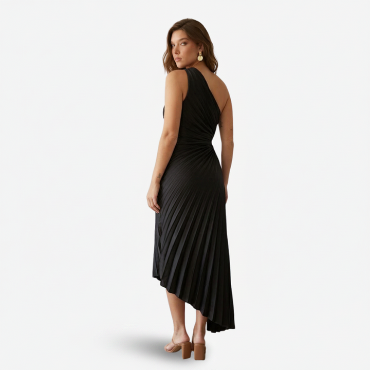 NOMU | Women's One-Shoulder Pleated Midi Dress – Elegant Asymmetrical Evening Dress