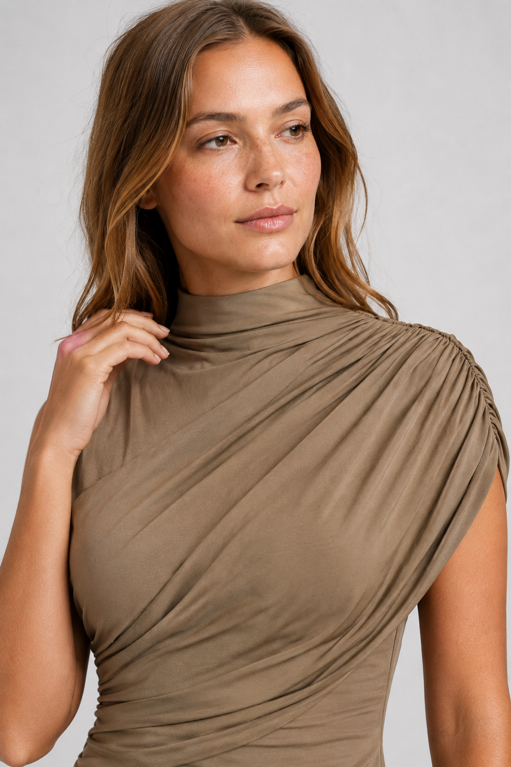 NOMU | Women's Asymmetrical Mini Dress – High Neck Sleeveless Draped Design