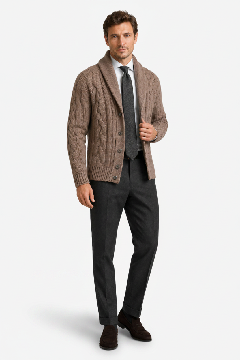 NOMU | Men's Cable Knit Cardigan – Shawl Collar Button Front Design