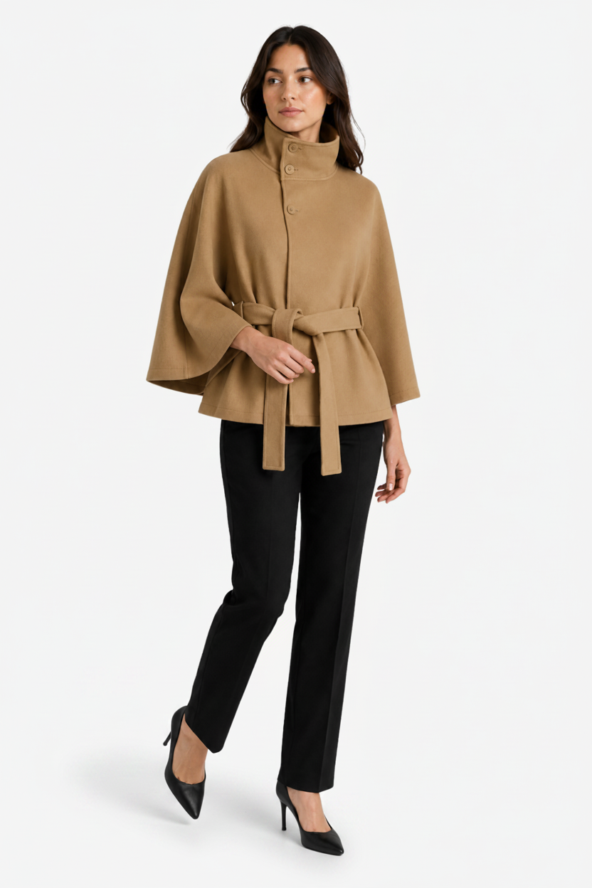 NOMU | Women's Belted Cape Coat – High Collar Wide Sleeve Design