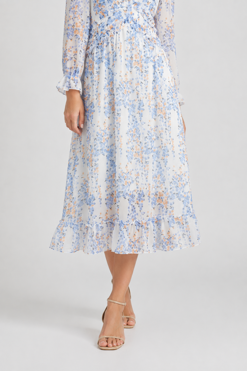 NOMU | Women's Floral Midi Dress – V Neck Long Sleeve Ruffle Trim Design