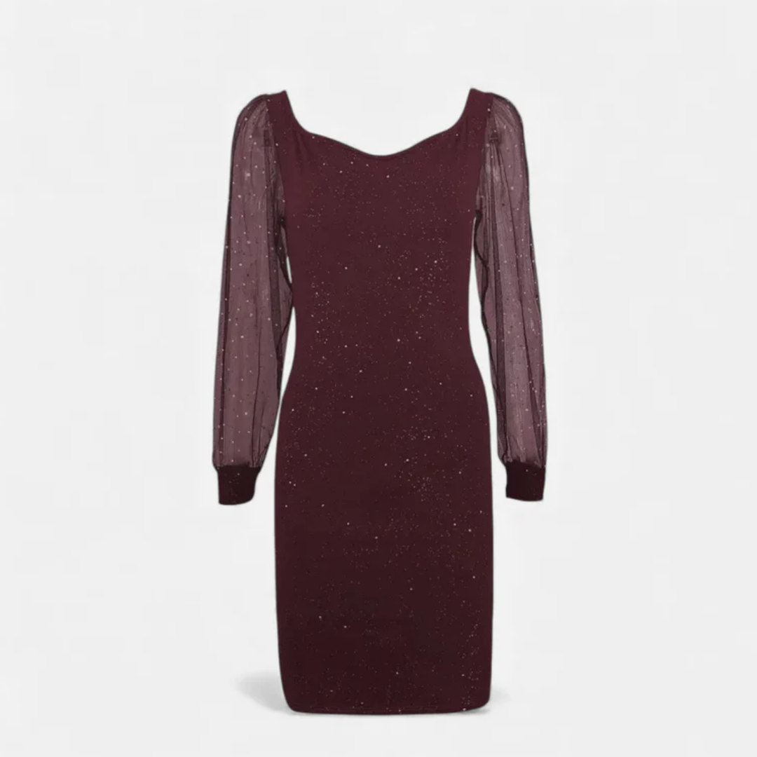 NOMU | Women's Glitter Mesh Sleeve Midi Dress – Elegant Sparkly Evening Party Dress