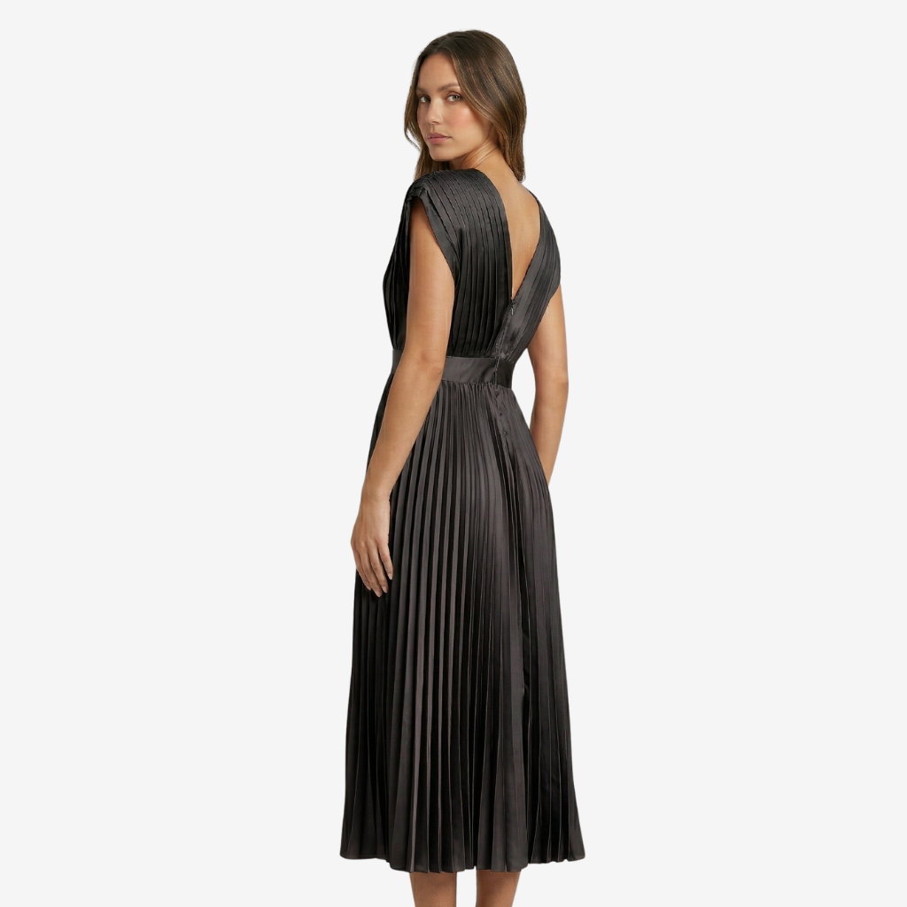 NOMU | Women's Pleated V-Neck Midi Dress – Elegant Sleeveless Flowing Evening Dress