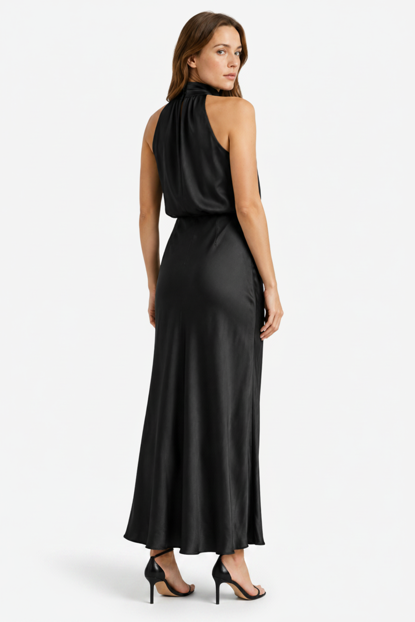 NOMU | Women's Satin High Neck Midi Dress – Elegant Sleeveless Evening Slip Dress