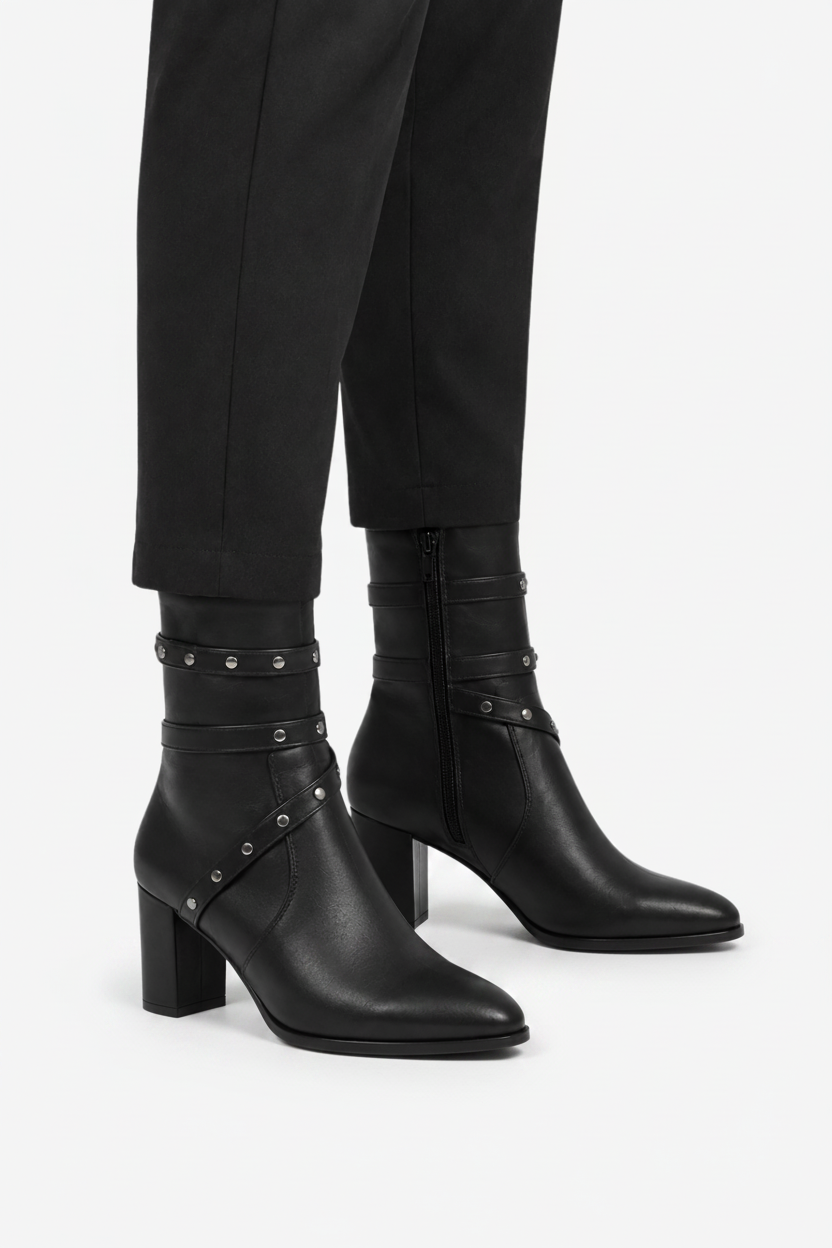 NOMU | Women's Buckled Strap Ankle Boots – Modern Studded Block Heel Boots