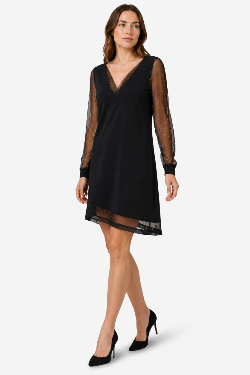 NOMU | Women's Glitter Mesh Sleeve Mini Dress – Elegant Long Sleeve V-Neck Party Dress