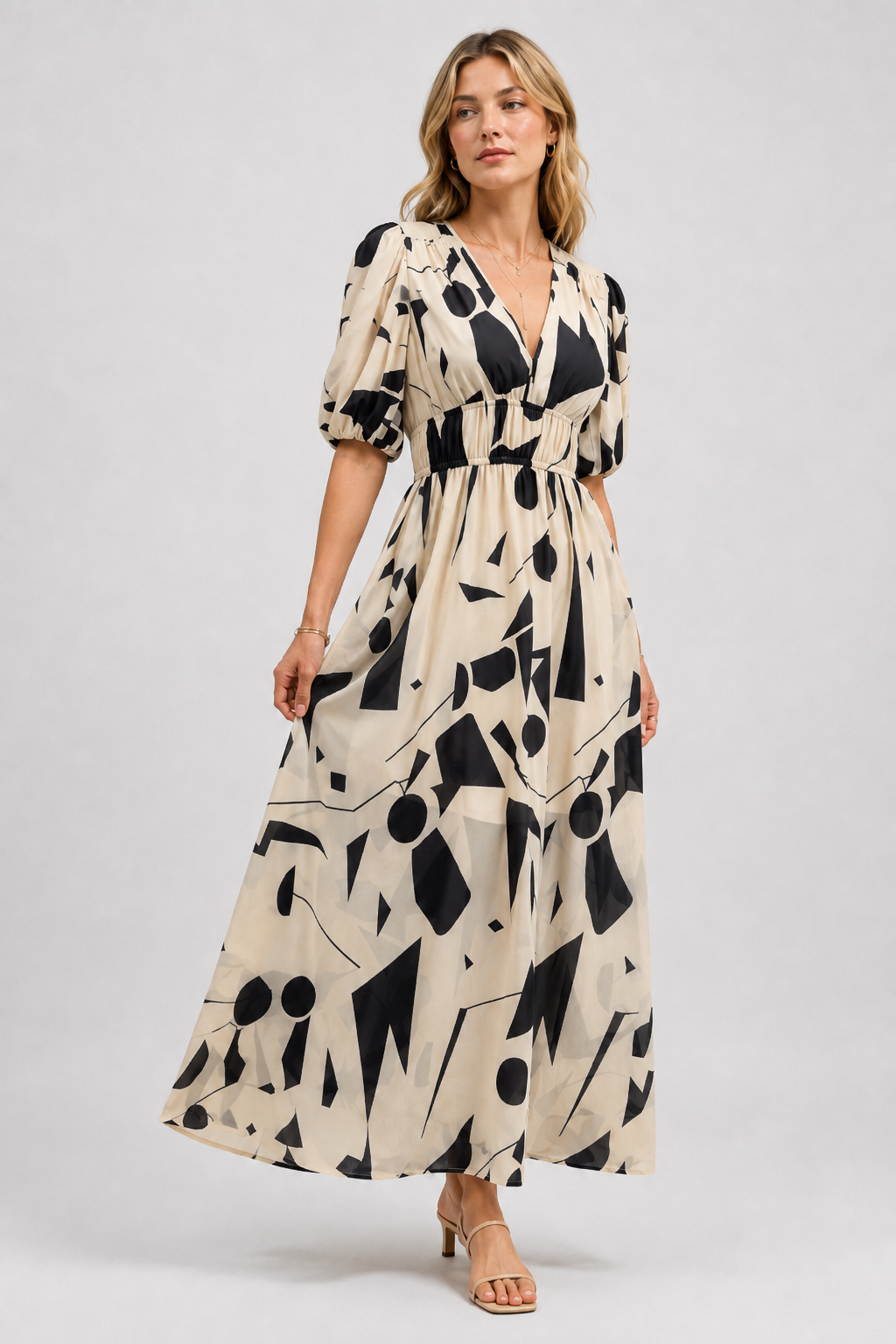 NOMU | Women's Abstract Print Midi Dress – V Neck Puff Sleeve Elastic Waist Design