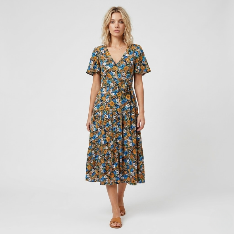 NOMU | Women's Floral Midi Dress – V Neck Short Sleeve Tie Waist Design