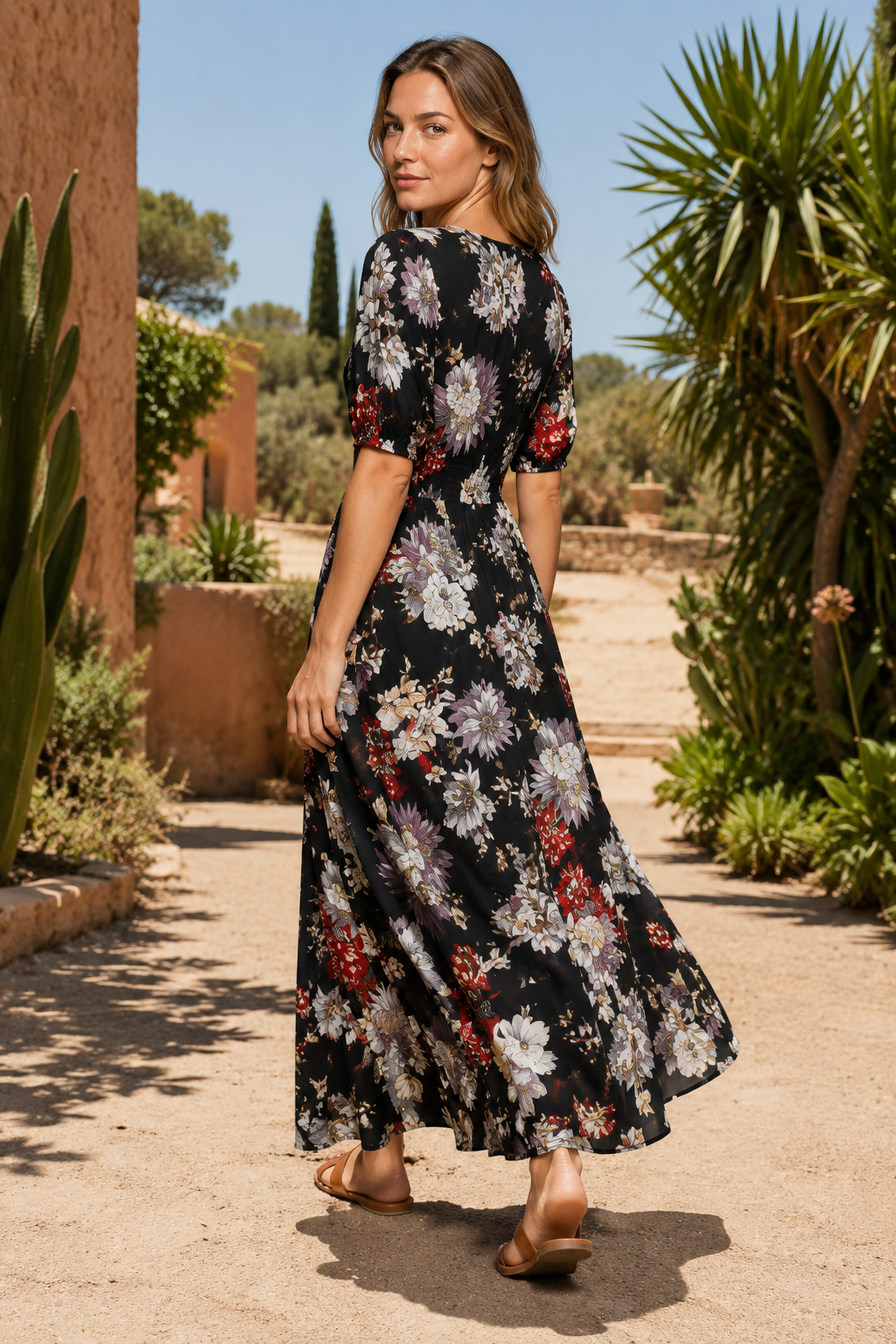 NOMU | Women's Floral Maxi Dress – V Neck Short Sleeve Relaxed Fit Design