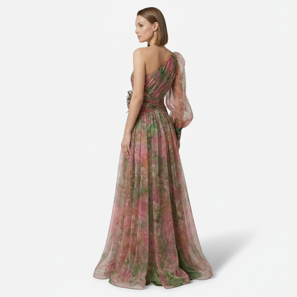NOMU | Women's Floral One-Shoulder Evening Gown – Elegant High Slit Maxi Dress