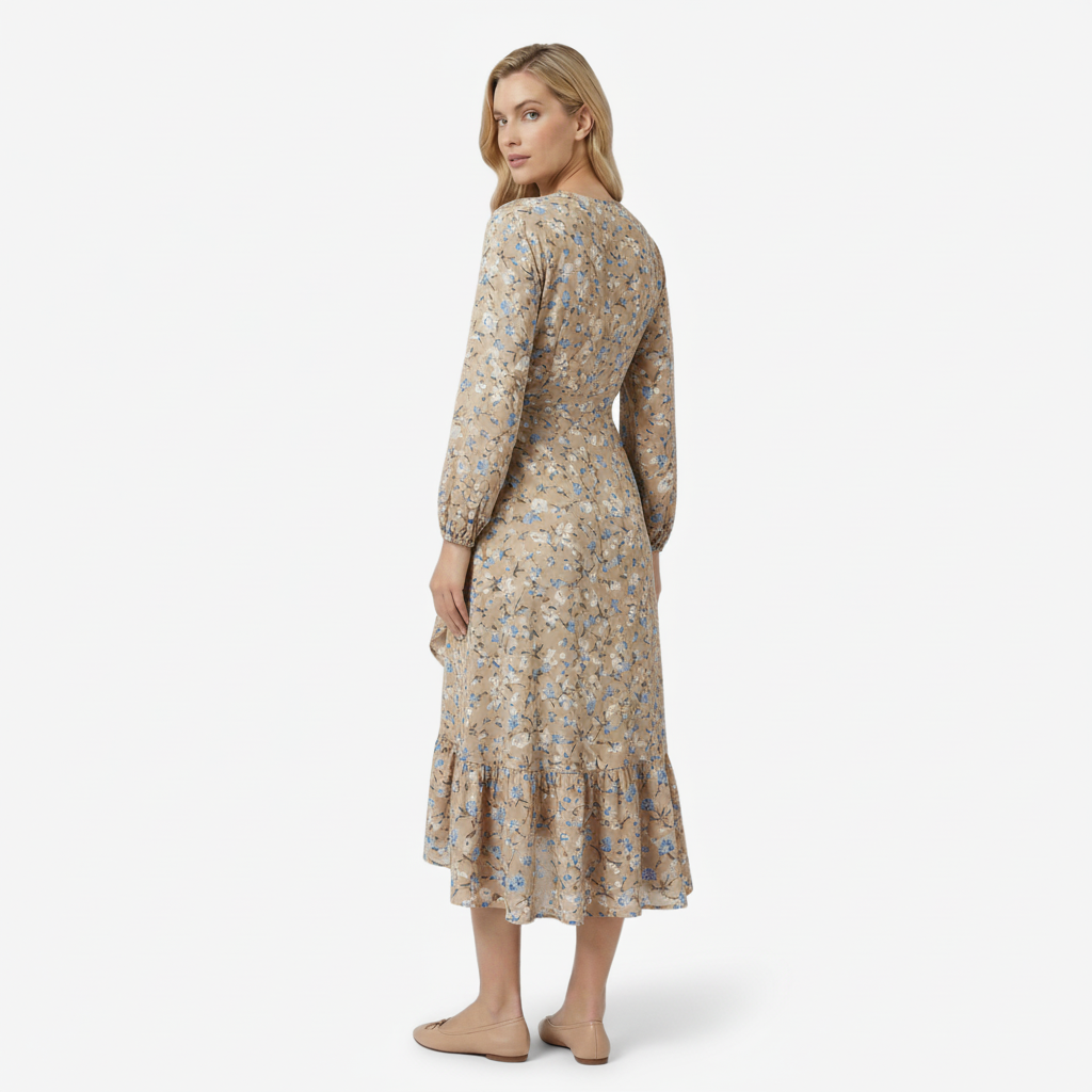 NOMU | Women's Floral Wrap Midi Dress – Long Sleeve Tie Waist Ruffle Hem Design