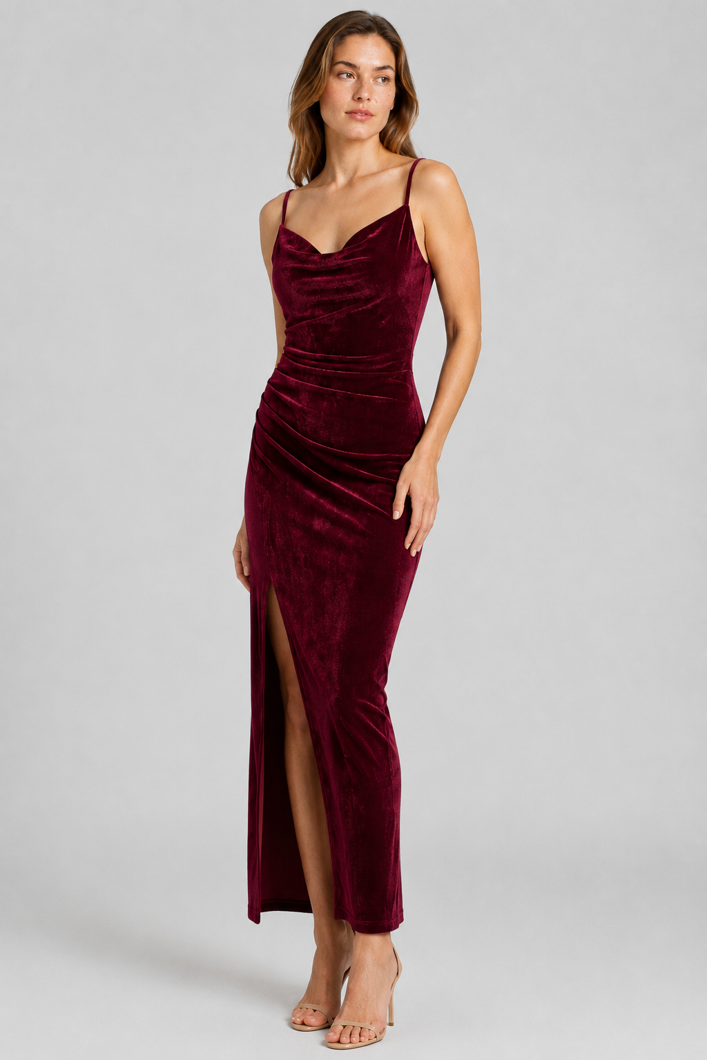 NOMU | Women's Velvet Cowl Neck Midi Dress – Elegant Sleeveless Slit Evening Gown