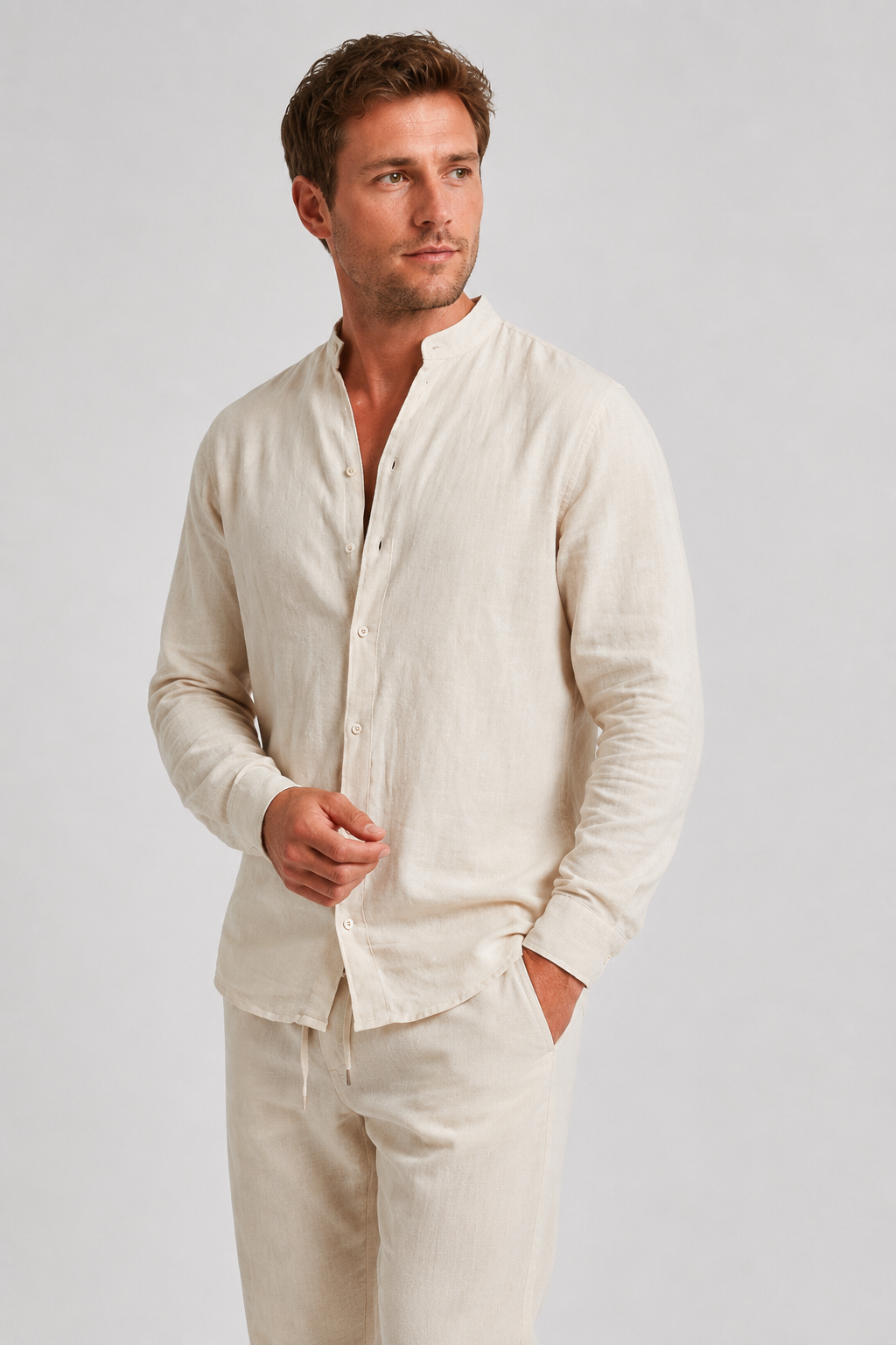 NOMU | Men's Mandarin Collar Linen Button-Down Set – Matching Pants & Drawstring Waist