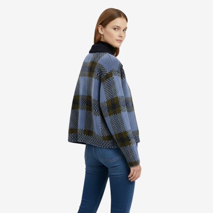 NOMU | Women's Plaid Knit Zip-Up Jacket – Soft Checkered Cardigan Coat