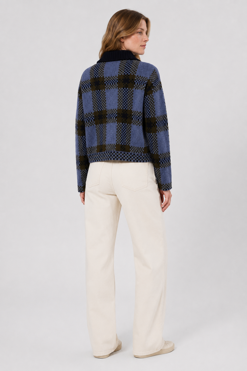 NOMU | Women's Plaid Knit Zip-Up Jacket – Soft Checkered Cardigan Coat