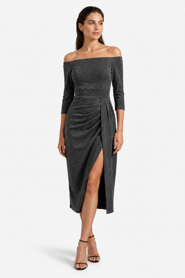 NOMU | Women's Off Shoulder Midi Dress – Long Sleeve Side Slit Fitted Design