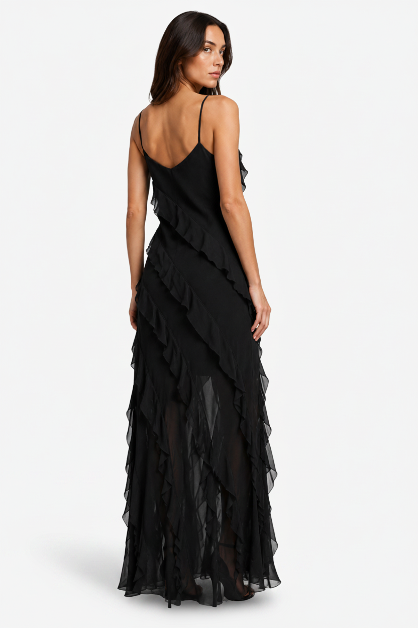 NOMU | Women's Sheer Ruffle Maxi Dress – Elegant Spaghetti Strap Evening Party Dress
