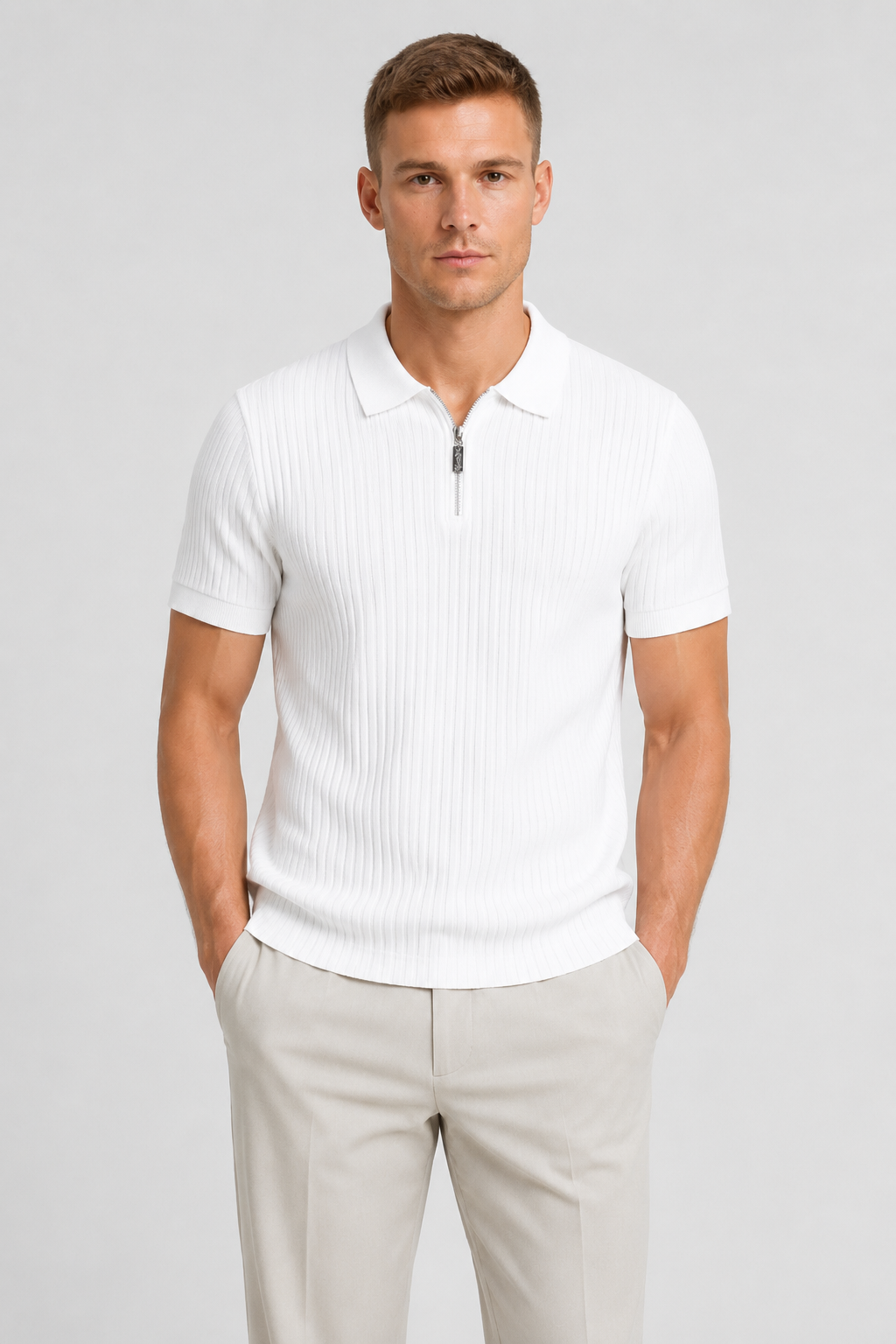 NOMU | Men's Ribbed Knit Polo Shirt – Zip Collar Slim Fit Design