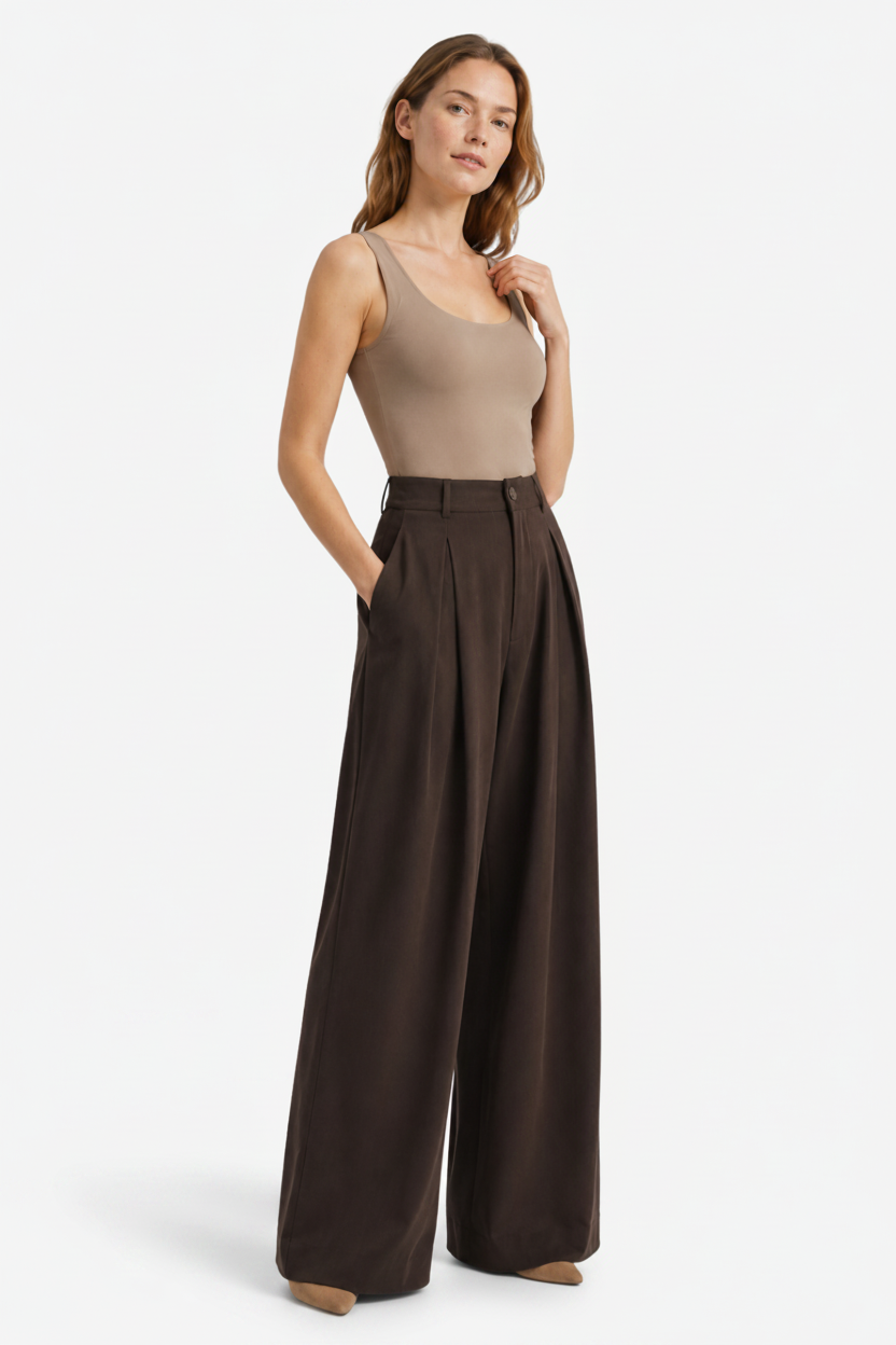 NOMU | Women's High-Waisted Wide Leg Trousers – Elegant Pleated Palazzo Pants