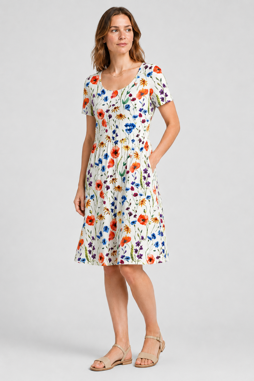 NOMU | Women's Floral Print Midi Dress – Short Sleeve Relaxed Fit