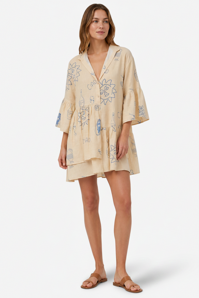 NOMU | Women's Printed Mini Dress – V Neck Button Front Tiered Loose Fit Design