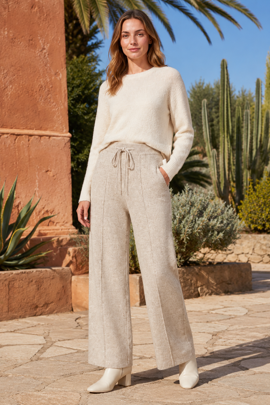 NOMU | Women's Knit Wide Leg Pants – Soft Drawstring Lounge Trousers