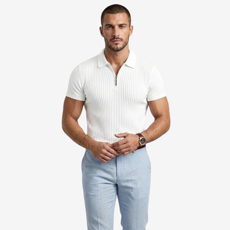 NOMU | Men's Ribbed Knit Polo Shirt – Zip Collar Slim Fit Design