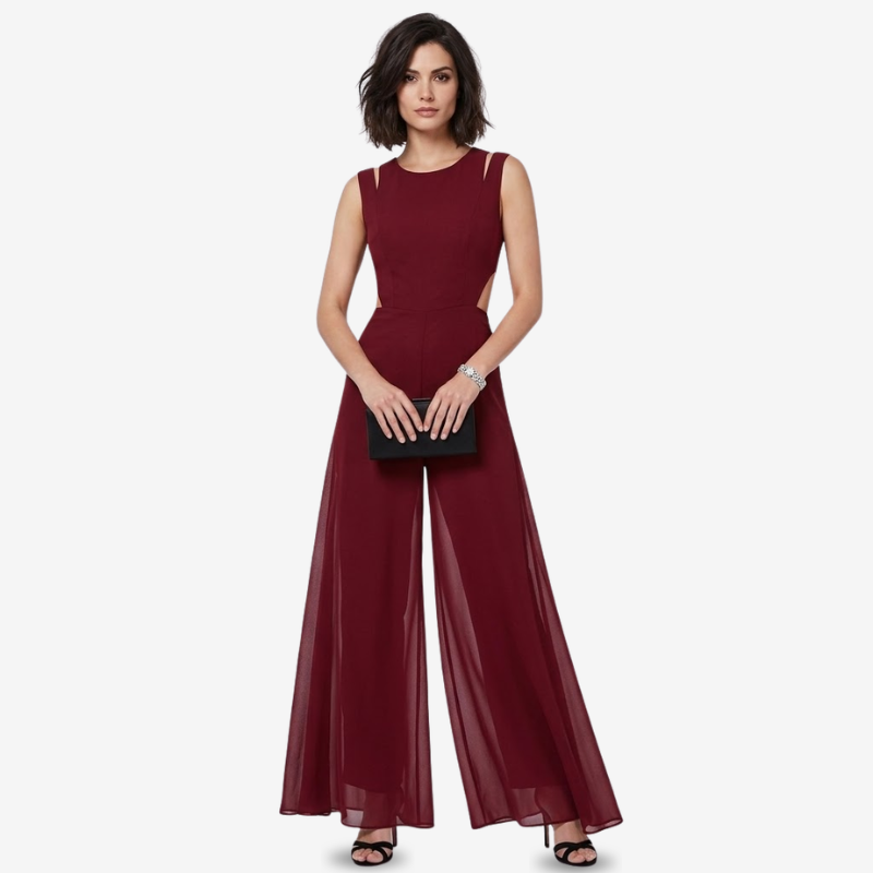 NOMU | Women's Sleeveless Wide Leg Jumpsuit – Elegant Sheer Overlay Evening Jumpsuit