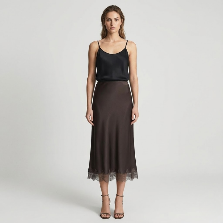 NOMU | Women's Satin Midi Skirt – Elegant Lace Trim Slip Skirt
