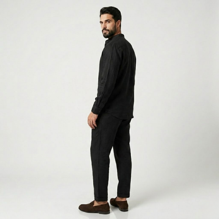 NOMU | Men's Mandarin Collar Linen Button-Down Set – Matching Pants & Drawstring Waist